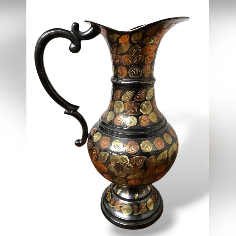 Antique Mid-Century MCM Copper Solid Brass Pitcher Etched Floral Ewer Vase VTG